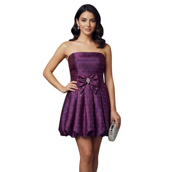 Strapless Bubble Hem Cocktail Mini Dress Purple Taffeta 5/6 Hoco Prom Black Tie - Picture 1 of 11